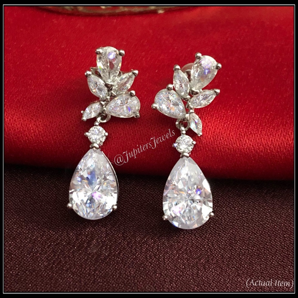 NEW 5g 925 SILVER ORNATE SIMULATED DIAMOND LEAF EVENT PEAR DROP EARRINGS - Picture 4 of 5